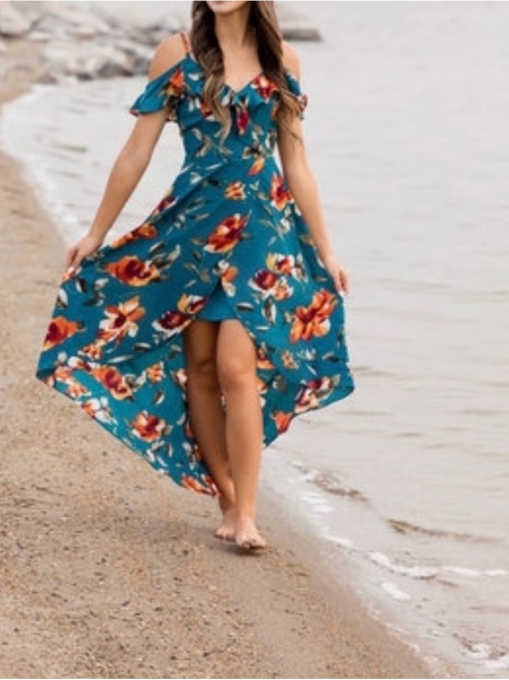by & by Teal Floral Cold-Shoulder High-Low Dress with Orange Accents